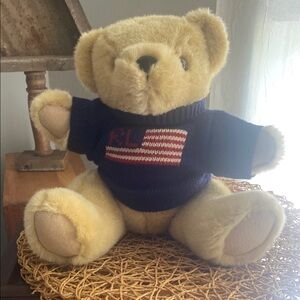 Ralph Lauren 1996 VTG Plush Tan Teddy Bear with Flag Sweater & Jointed Legs